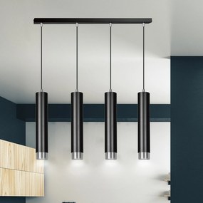 Lampadario 4 Luci Kibo In Acciaio Nero E Tubolari In Nero E Cromo