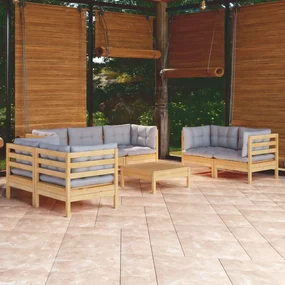 Set divani da giardino 8 pz con cuscini grigi massello di pino