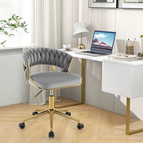 Costway Sedia da scrivania con schienale intrecciato a mano e gambe in metallo dorato, Sedia imbottita girevole a 360° 2 Colori