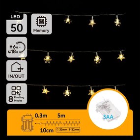Aigostar - Catena luminosa LED da esterno per Natale, 50 LED, 8 funzioni, 3xAA, 5 m, IP44, bianco caldo, stelle