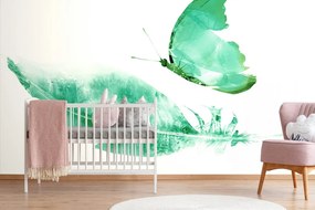 Carta da parati – Piuma con farfalla in stile verde