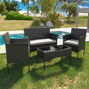 Set Di Mobili da Giardino Salotto Salottino in Rattan 4 Posti con Tavolino E Ripiano In Vetro 2 Poltrone e Divano 2 Posti Per Giardino Esterno Piscina Cuscini Sfoderabili Colore Nero