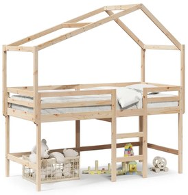 Letto Soppalco Con Scala E Tetto 90x200 Cm Legno Massello Pino /