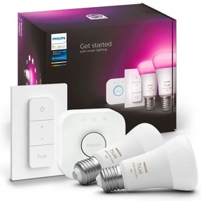 Set da 2 lampadine Starter KT+bridge+dimmer, LED, E27 goccia, opaco, luce fredda, 9W= 806LM (equiv 75 W), 150° dimmerabile, PHILIPS HUE