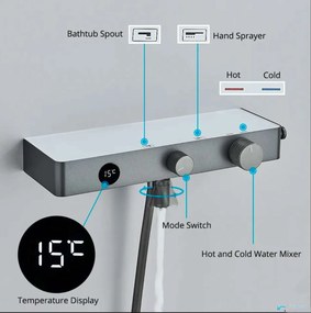 Miscelatore termostatico da parete per vasca ELITE EDITION BBT1429 con display LED, bocca girevole e doccetta multigetto, grigio grafite
