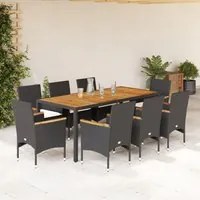 Set Pranzo da Giardino 9 pz con Cuscini Nero Polyrattan Acacia 3278632