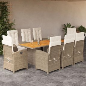 Set da pranzo da giardino 9 pz con cuscini beige in polyrattan