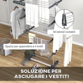 Stendino Verticale 4 Ripiani Regolabili 142x55x172 cm in Acciaio e Plastica Grigio e Argento...