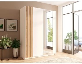 Armadio 150x200h Cm 2 Ante Scorrevoli Con Specchio Bianco Listelli Rovere Bayadero