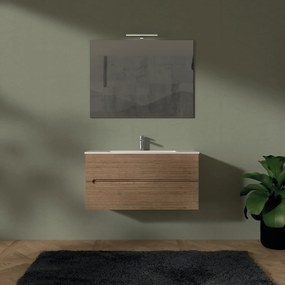 Mobile Bagno Sospeso Cannettato 100 Cm Due Cassetti Specchio Con Lampada Led 70x100 Cm AdattoCasa "Rigo" Rovere Farnia