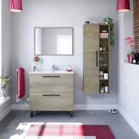 Mobile Bagno Completo Di Lavabo In Ceramica E Specchio Athena 80 Cm 2 Cassetti Rovere Alaska