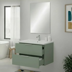 Mobile bagno sospeso 80cm verde opaco con cassetti lavabo e specchio Elva