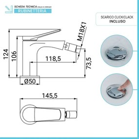 Miscelatore bidet in ottone cromato lucido con piletta click-clack in ABS Sound