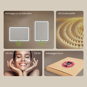 Specchio dagli angoli arrotondati con illuminazione LED in una cornice nera in alluminio