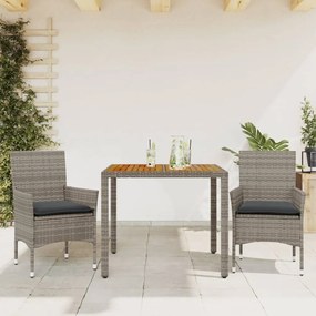 Set Pranzo Da Giardino 3pz Con Cuscini Polyrattan Acacia Grigio /