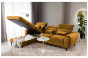 Divano angolare giallo allungabile/con contenitore (con penisola a sinistra/con chaise lounge) e rivestimento in velluto Foble – ELTAP