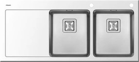 Lavello integrato 2 vasche in vetro bianco PYRAMIS Crystalon L 52 x L 116 cm, sgocciolatoio a sinistra