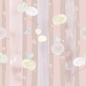 Carta da parati – Uccellini sugli alberi con sfondo rosa
