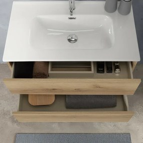 Mobile bagno sospeso 80 cm in legno quercia naturale 2 cassettoni con lavabo e specchio Leda