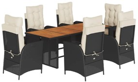 Set da pranzo da giardino 7 pz nero con cuscini in polyrattan