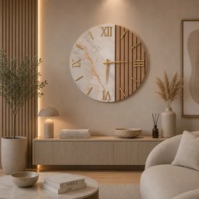 Orologio Tondo 60 cm in Legno Noce cannettato e Marmo