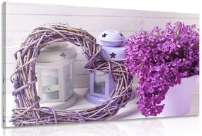 Quadro su tela – Cuore di vimini con lanterne e lilla