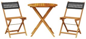 Set da bistrot 3 pz nero in polyrattan e legno massello