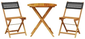 Set da bistrot 3 pz nero in polyrattan e legno massello