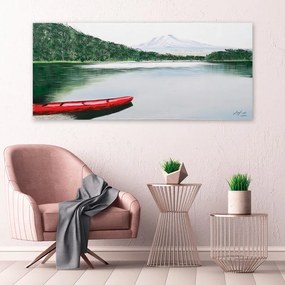 Dipinto su tela Paesaggio-lago, bianco. rosso, verde 65 x 150 cm