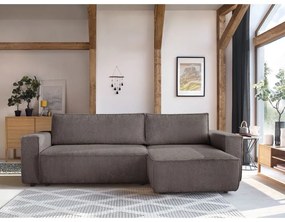 Divano angolare grigio tortora allungabile/con contenitore con rivestimento in velluto a coste Nihad – Bobochic Paris