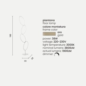 Piantana Led RICE in metallo e diffusore in acrilico Oro H166 cm