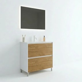 Mobile Bagno Lisbona 2 Cassetti 100 Cm Bianco Lucido Rovere Naturale