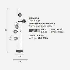 Piantana JEWEL in metallo Nero e diffusore in vetro Fumč H166 cm