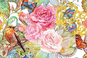 Carta da parati – Uccellino vintage con fiori
