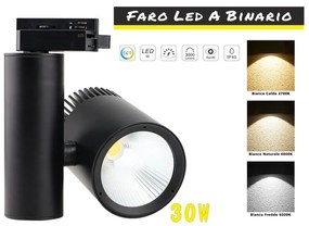 Faro Lampada Led A Binario 30W Mono Fase CCT CRI 90 Carcassa Nera 2700K 4000K 6000K 3 In 1 Luce Stretta 24 Gradi