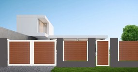 Cancello automatico battente Maia120 ALBA Close in alluminio rovere dorato telaio bianco, apertura centrale, L 300 x H 190 cm