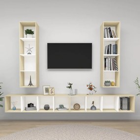 Mobile Tv A Parete 4 Pz Bianco E Rovere İn Legno Multistrato /