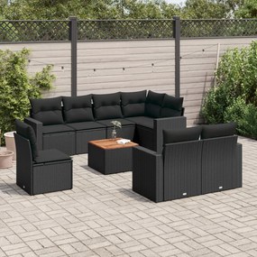 Set divani da giardino 9 pz con cuscini nero in polyrattan