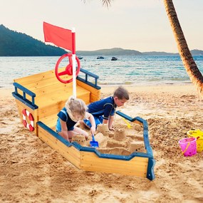 Costway Recinto di sabbia per bambini con panca di stoccaggio bandiera, Nave dei pirati di legno per giocare la sabbia 156x78x101cm