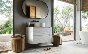 Mobile bagno bianco opaco 80x45 Mango due cassetti soft close con top noce e lavabo tondo da appoggio in ceramica lucida