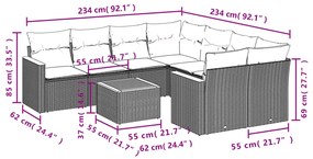 Set divani da giardino 9 pz con cuscini nero in polyrattan