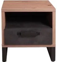 Comodino stile industrial con 1 cassetto e vano aperto, Tavolino moderno da notte, Portaoggetti, Made in Italy, cm 52x35xh54, colore Rovere e Cemento