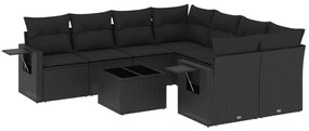 Set Divani da Giardino 9 pz con Cuscini Nero in Polyrattan