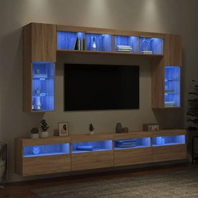 Set mobili tv a muro 8 pz con luci led rovere sonoma