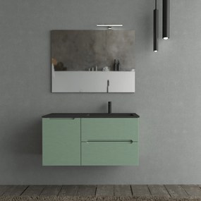 Mobile Bagno Sospeso Cannettato 100 Cm Due Cassetti Un'Anta Lavabo a Dx Specchio Con Lampada Led 70x100 Cm AdattoCasa "Rigo" Verde Salvia/Nero Opaco