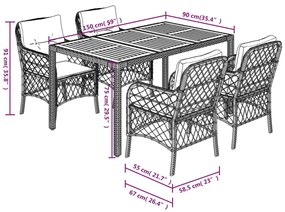 Set da Pranzo da Giardino 5 pz Nero con Cuscini in Polyrattan