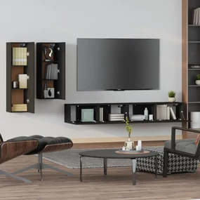 Set mobili porta tv 4 pz nero in legno multistrato