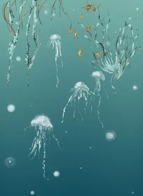 Edmond Petit Carta da parati Nautilus/ Méduses/ Nénuphars - Turquoise - Méduses gauche - Turquoise