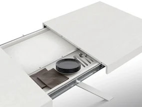 Tavolo FORTE DEI MARMI in legno, finitura bianco frassinato e gambe incrociate in metallo bianco, allungabile 95&#215;90 cm &#8211; 145 x 90 cm