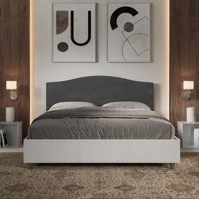 Letto contenitore da 160x190 in legno bianco e testata in microfibra grigio Grace